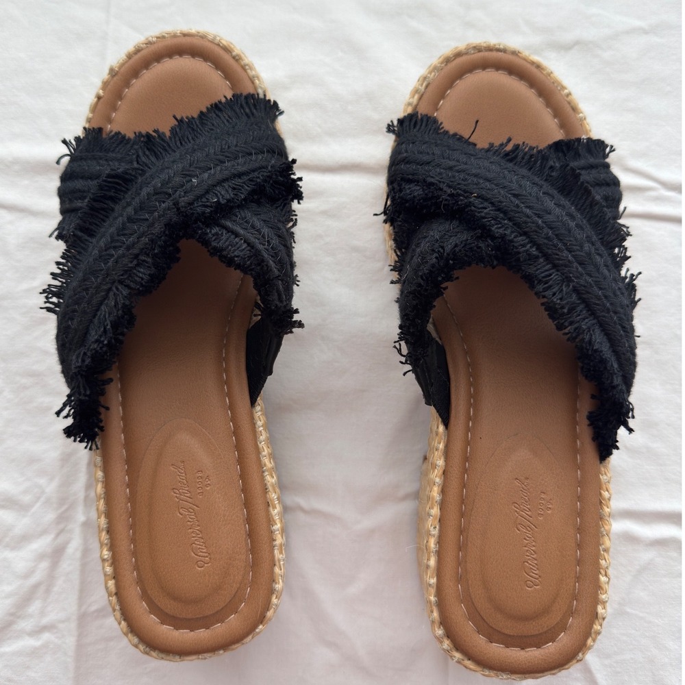 Universal Thread Black Frayed Fringe Raffia Platform Block Heel Sandals Size 8